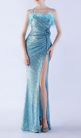 Dazzling Aqua Blue Sequin Feather Maxi Gown with High Slit