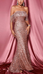 Balasa Glamorous Rose Gold Sequin Off-Shoulder Fringe Maxi Gown