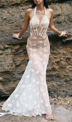 “Joanneâ€?Elegant Sheer Floral Lace Halter Corset Maxi Gown