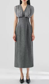 Galina Chic Grey Ruched V-Neck Midi Dress
