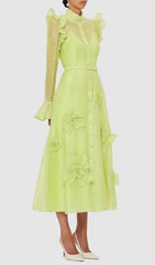 Elula Enchanting Lime Green 3D Floral Ruffled Midi Dress