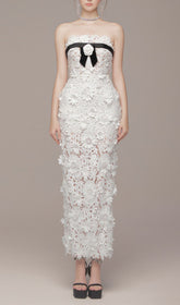 Eviana White Strapless 3D Floral Applique Maxi Dress with Black Bow