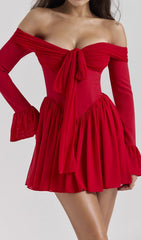 Cale Red Romantic Off-Shoulder Long Sleeve Mini Dress