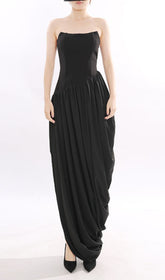 Jethra Black Strapless Asymmetrical Maxi Dress