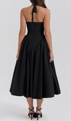 Dierdra Black Halter Deep V-Neck Midi Dress
