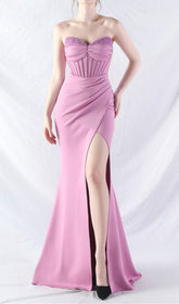 Chizue Elegant Purple Strapless Corset Maxi Dress with High Slit
