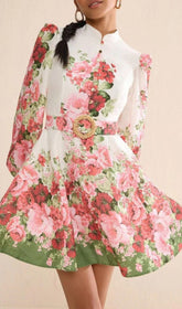 Branwen Chic Floral Mini Dress with Mandarin Collar & Belt