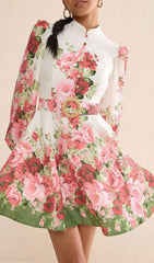 Branwen Chic Floral Mini Dress with Mandarin Collar & Belt