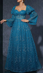 Dita Blue Corset Floral Embroidered Maxi Gown with Dramatic Puff Sleeves