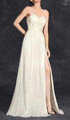 Demia Elegant Strapless Maxi Dress with Floral Lace Bodice & Thigh Slit