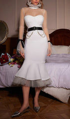 Ayesha White Polka Dot Illusion Mesh Bandage Mermaid Dress