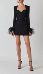 Sultry Black Feather Cuff Mini Dress