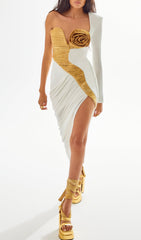 Callia White & Gold Flower One-Shoulder Statement Maxi Gown