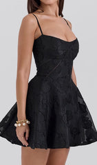 Didina Black Floral Lace-Up Mini Dress