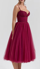 Diellza Wine Red Tulle Midi Dress