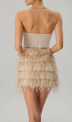 Jagtopa Strapless Rhinestone Feather Fringe Mini Dress