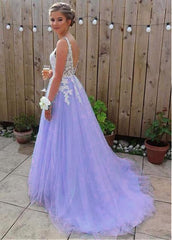 Vestido formal largo de tul morado claro