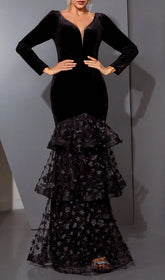 Hermine Black Velvet & Floral Mesh Long Sleeve Mermaid Evening Gown