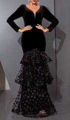 Hermine Black Velvet & Floral Mesh Long Sleeve Mermaid Evening Gown