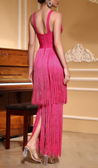 Eliora Hot Pink Tassel Bandage Maxi Dress