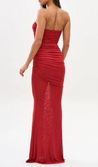 Gucin Glamorous Red Strapless Ruched Mesh Maxi Dress