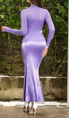 Cyra Luxurious Purple Satin Long Sleeve Maxi Dress
