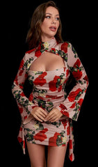 Sultry Rose Print Cut Out Draped Mini Dress