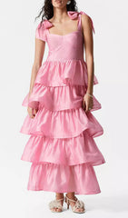 Edina Pink Sweetheart Tiered Ruffle Maxi Dress with Bow Straps