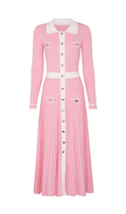 Judy Chic Button-Front Contrast Trim Knit Midi Dress