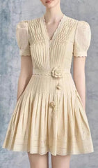 Cemile Chic Pleated Eyelet Mini Dress with 3D Floral Details