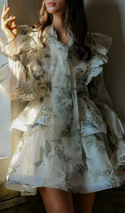 Jorgie Whimsical Bird Print Tiered Long Sleeve Mini Dress