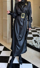 Imad Black Elegant Long Sleeve Belted Maxi Dress