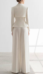 Caresse Elegant Flower Lapel Blazer & Wide-Leg Pants Set