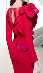 Dilan Red Floral Embellished Long Sleeve Maxi Gown