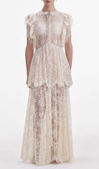 Elegant Tiered Lace Maxi Dress with Diamant Bow & Ruffled Sleeves