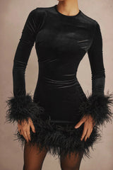 Glamorous Feather Trim Black Velvet Mini Dress