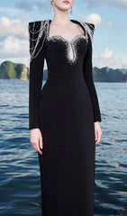 Fyra Luxe Diamante Chain Shoulder Long Sleeve Maxi Gown
