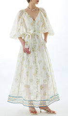 Jacobo Floral Puff Sleeve V-Neck Maxi Dress