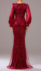 Glamorous Red Sequin Mermaid Maxi Dress with Long Sleeves & Illusion Neckline