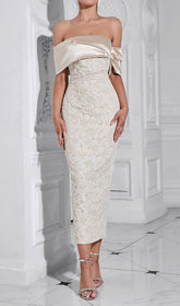 Cira Elegant Off-Shoulder Jacquard Midi Dress