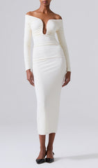 Coryn White Off-Shoulder Plunge Neck Ruched Bodycon Midi Dress