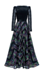 Elegant Ruched Bodice Maxi Dress with Lace Sleeves & Vibrant Abstract Skirt