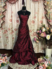 Vestido largo de tafetán sin tirantes rojo vino para dulces 16
