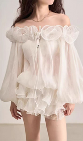 Honore Ethereal White Off-Shoulder Ruffle Mini Dress with Puff Sleeves