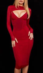 Wine Red Corset Cutout Midi Dress