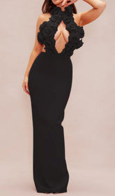 Black Halter Neck Floral Applique Maxi Dress