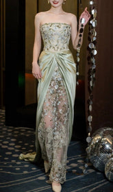 Ellianna Luxe Sage Green Floral Embroidered Strapless Maxi Dress