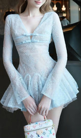 Itsuki Ethereal Blue Lace Long Sleeve Mini Dress
