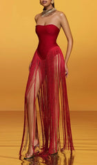 Showstopping Red Sparkle Strapless Fringe Bandage Maxi Dress