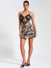 Elegant Floral Satin Mini Dress with Lace Trim & Tie-Front Keyhole